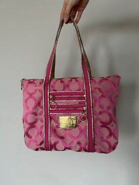 VTG Coach Pink Poppy Signature C Glam Tote Metallic Gold Trim Handbag Y2K
